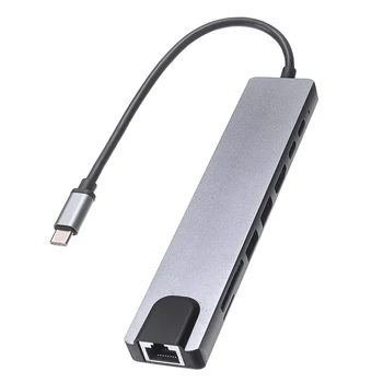8-in-1 Multiport Tipas-C USB šakotuvas HDMI-USB 3.0 Moterų Aux Uostų Adapteris Greitai Gigabit Ethernet 