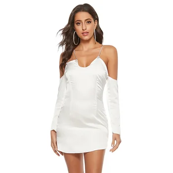 White Satin Asimetrinė Suknelė Seksualus Deimantų Dizaino Paketo Klubo Mini Suknelė Moterims Vasarą Long Sleeve Pink Neteisėtų Klubo Suknelės