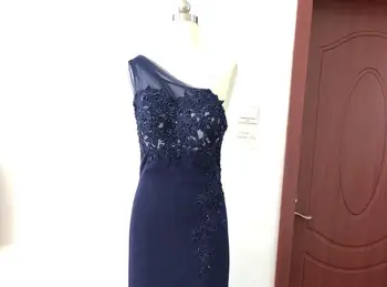 YiMinpwp Navy Blue Undinė Bridesmaid Dresses Vienos Pečių Valyti Traukinio Appliques Vestuvių Svečias Šalis Suknelė Tarnaitė Garbės Suknelė