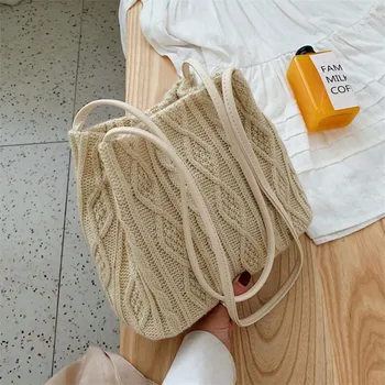 Mados Moterų Maišelį 2019 Mezgimo vilnos pečių maišą ponios didesnės talpos Rankinės baltos spalvos Kibirą, maišą, Atsitiktinis Pirkinių krepšys