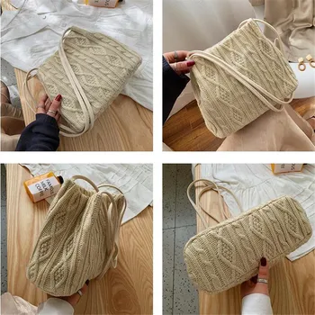 Mados Moterų Maišelį 2019 Mezgimo vilnos pečių maišą ponios didesnės talpos Rankinės baltos spalvos Kibirą, maišą, Atsitiktinis Pirkinių krepšys