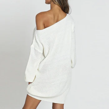 Moterys Vienos Pečių Sluoksniuotos Long Sleeve Sweater Dress Prarasti Tunika Megzti Džemperis Vientisos Spalvos Sluoksniuotos Rankovėmis Palaidi Tinka Suknelė Moterims