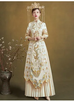 Tradicinės Šampano Siuvinėjimo Oficialių Pokylių Kostiumas Vestuvių Suknelė Satino Derliaus Cheongsam Klasikinio Stiliaus китайское платье