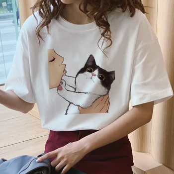Juokinga Don ' t Kiss Me Katė Print T Marškinėliai Moterims Harajuku Kawaii Gyvūnų Spausdinti Marškinėlius Vasaros Atsitiktinis Viršų Balta Moterų marškinėliai