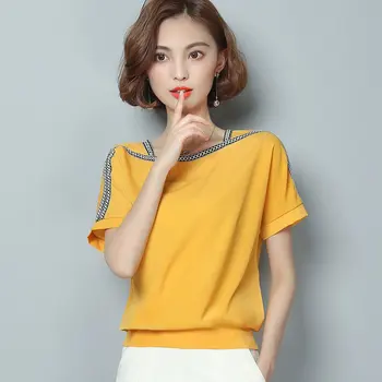 Vasarą naujų 2020 m. šifono moterų palaidinė marškinėliai priežastinis plius dydis-trumpomis rankovėmis moterims topai kieta balta raudona geltona spalva blusas 0370 30