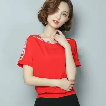 Vasarą naujų 2020 m. šifono moterų palaidinė marškinėliai priežastinis plius dydis-trumpomis rankovėmis moterims topai kieta balta raudona geltona spalva blusas 0370 30