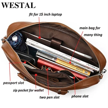 WESTAL vyrų aplankas natūralios odos-15 colių nešiojamas krepšys office krepšys vyrų verslo portfelis rankinė krepšys vyrų oda