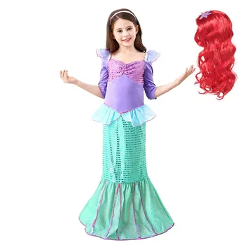 MUABABY Mergina Little Mermaid Princess Dress Up Pusė Ruffles Rankovėmis Vaikų Blizgučiais Gimtadienis Kostiumas Vaikams Helovinas Frocks