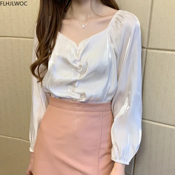 2020 m. Rudenį Rudenį Pagrindinio Marškiniai Šilkiniai satino Elegantiškas Puoštas Office Lady Feminines Drabužius Korėja Naujo Dizaino Moterų Viršūnių Blusas