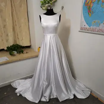 Elegantiškas-line Vestuvių Suknelės Rankovių Balta Dramblio kaulo Satino Backless Nuotakos Suknelė Užsakymą vestido de casamento Valymo Traukinio
