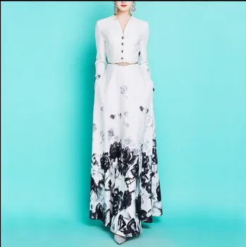 2020 Naują Pavasario ir Rudens Moterų V-Kaklo Retro Spausdinti Super Ilga Suknelė Elegantiškas Ponios Slim Hepburn Stiliaus Maxi Ilgio Suknelės