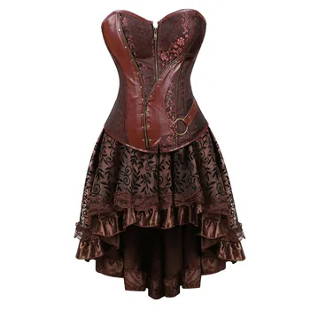 Steampunk korsetas suknelė viktorijos odos piratų overbust bustiers korsetai, sijonai moterims šalis, egzotinės mados plius dydis ruda