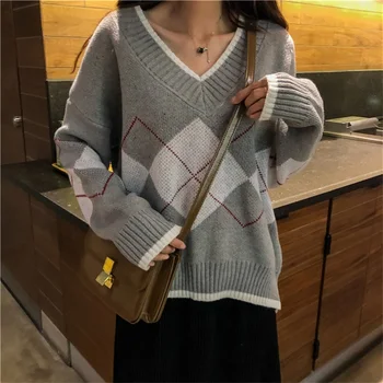 2020 M. Rudenį Prarasti Mezgimo Megztinis Mergaitėms Žiemos Korėjos Visas Rungtynes, Elegantiškas Megztinis Traukti Femme Derliaus Geometrinis Kawaii Megztinis