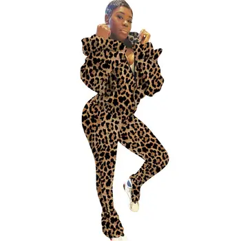 Rudenį, Leopardas Spausdinimui Dviejų Dalių Rinkiniai Moterims Ilgomis Rankovėmis Backless Hoodie Viršūnes Sukrauti Ruched Kelnės Kostiumas Apranga Streetwear Tracksuit