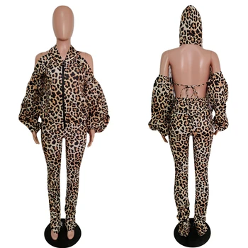 Rudenį, Leopardas Spausdinimui Dviejų Dalių Rinkiniai Moterims Ilgomis Rankovėmis Backless Hoodie Viršūnes Sukrauti Ruched Kelnės Kostiumas Apranga Streetwear Tracksuit