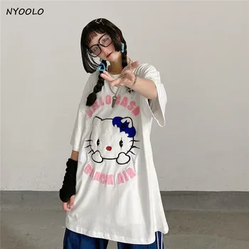 NYOOLO Vasaros gatvės animacinių filmų stereoskopinis raidės siuvinėjimas trumpomis rankovėmis T-shirt moterims, Harajuku laisvi O-kaklo puloveriai viršūnes tee