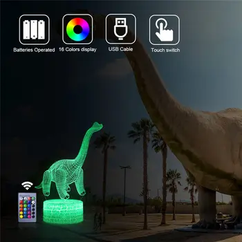 3D Dinozaurai Naktį Šviesos diodų (LED Iliuzija Stalo Lempa Jutiklinis Nuotolinio Dekoro 16 Spalvų, Vaikams, Vaikų Atostogų Kalėdų Vakarėlį Raptor Dovanos Žaislas
