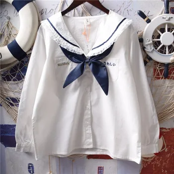 Japonija Lolita Balti Marškinėliai Moterims Derliaus Princesė Pynimas Nėrinių Viršūnės Paauglių Mergaičių Sailor Apykaklės, Mygtuką Žemyn Mielas Mokyklos Vienodos Palaidinė