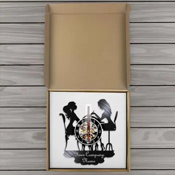 Individualų Sienos Žiūrėti Salonas reloj sumalti Su Jūsų Įmonės Pavadinimas, Logotipas duvar saati Vinilo Įrašas Juodas Sieninis Laikrodis Grožio Parduotuvė Dekoro