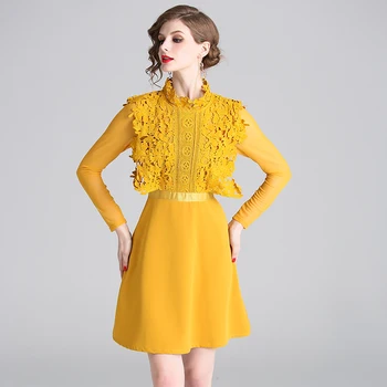 Naujas Elegantiškas Vandenyje tirpios Gėlių Geltonos spalvos Nėrinių Suknelė Vestidos Verano 2021 M. Pavasarį Tuščiaviduriai Iš ilgomis Rankovėmis Midi Šalis Suknelė K3531