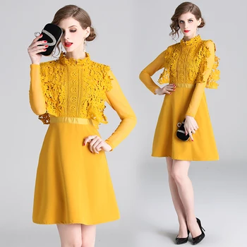 Naujas Elegantiškas Vandenyje tirpios Gėlių Geltonos spalvos Nėrinių Suknelė Vestidos Verano 2021 M. Pavasarį Tuščiaviduriai Iš ilgomis Rankovėmis Midi Šalis Suknelė K3531