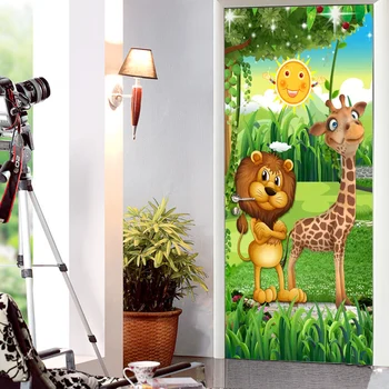 3D Animacinių filmų Miško Gyvūnų Liūtas, Žirafa, Vaikų Kambario, Vaikų Kambario, Miegamojo Durų Apdailos Lipdukas, Sienos Tapetai, Freskos, Lipnios
