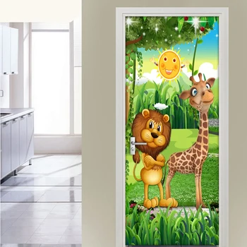 3D Animacinių filmų Miško Gyvūnų Liūtas, Žirafa, Vaikų Kambario, Vaikų Kambario, Miegamojo Durų Apdailos Lipdukas, Sienos Tapetai, Freskos, Lipnios